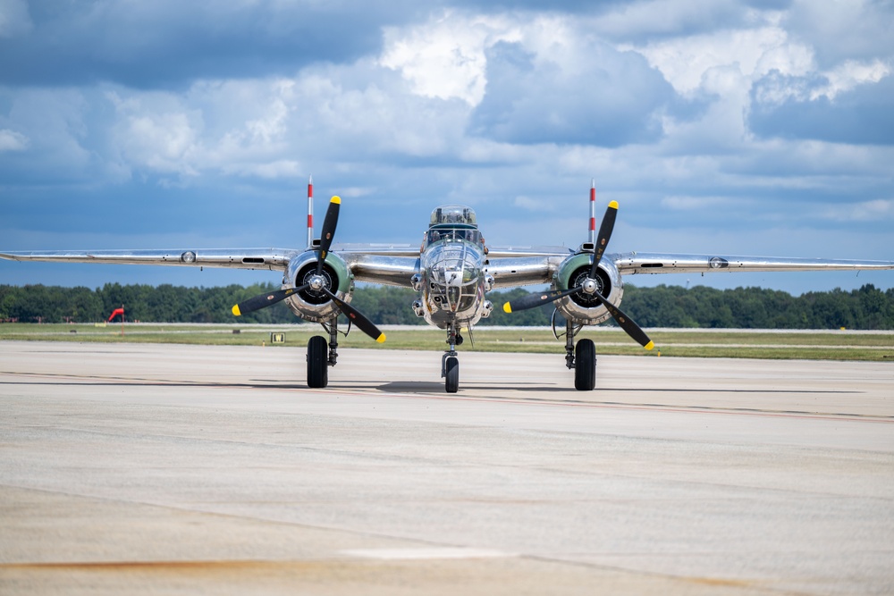 North American B-25J Mitchell bomber arrives for the 2025 Joint Base Andrews Air Show
