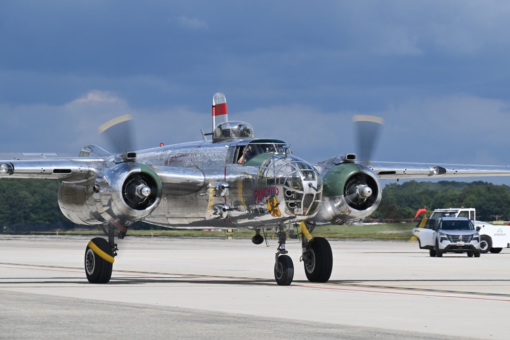 North American B-25J Mitchell bomber arrives for the 2025 Joint Base Andrews Air Show