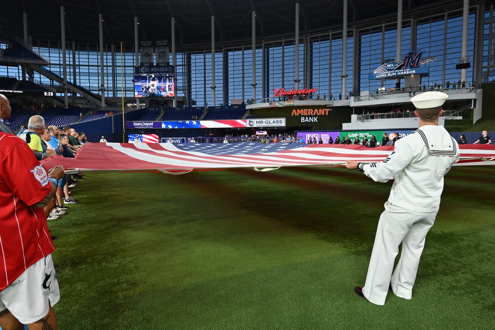 Ronald Reagan CO Swears In Future Sailors at Marlins’ 9/11 Game