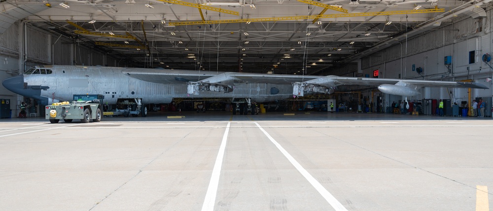 B-52 crabs into hangar at Tinker AFB