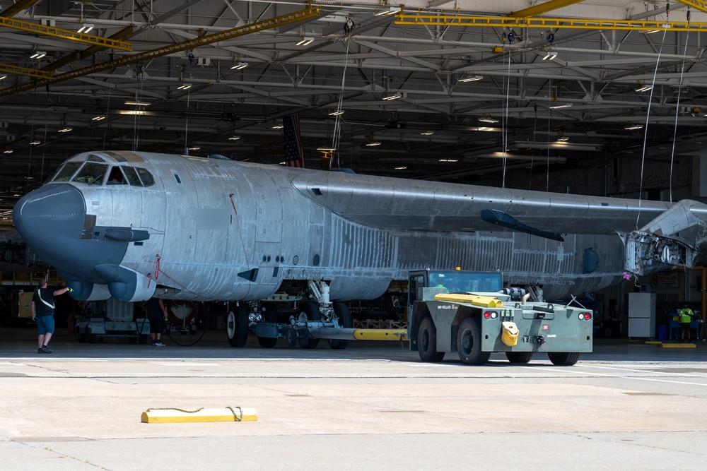 B-52 crabs into hangar at Tinker AFB