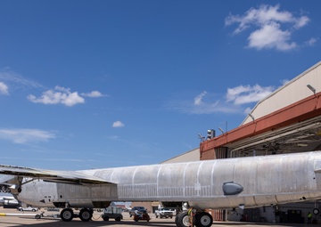 B-52 crabs into hangar at Tinker AFB