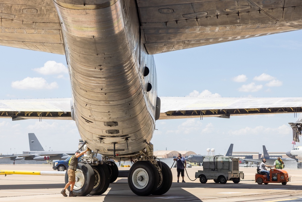 B-52 crabs into hangar at Tinker AFB
