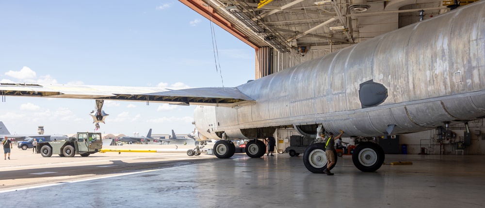 B-52 crabs into hangar at Tinker AFB
