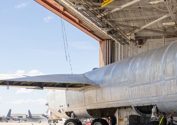 B-52 crabs into hangar at Tinker AFB