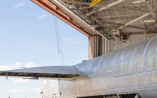 B-52 crabs into hangar at Tinker AFB