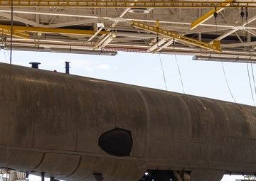 B-52 crabs into hangar at Tinker AFB