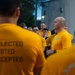 Sailors selected for chief petty officer PT with Rear Adm. Nash