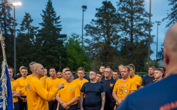 Sailors selected for chief petty officer PT with Rear Adm. Nash