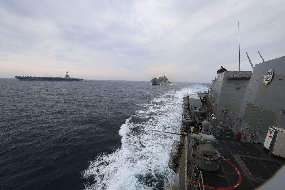 USS Bainbridge (DDG 96) Operates with USS Gerald R. Ford (CVN 78) and USNS William McLean (T-AKE 12)