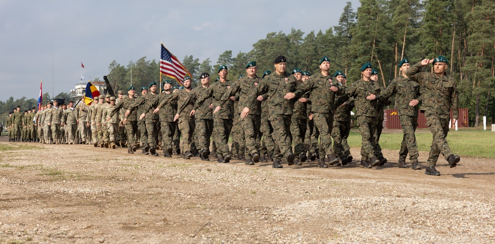 U.S. Soldiers march with NATO allies during BPTA Day