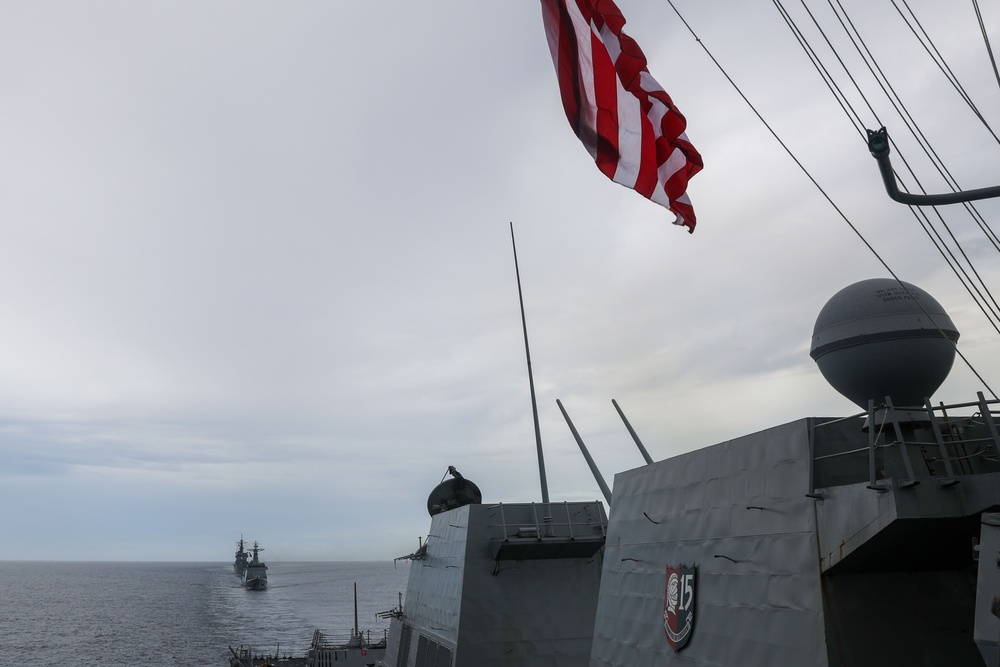 The USS John Finn sails in formation with the JS Osumi and the BRP Jose Rizal during Maritime Cooperative Activity in the South China Sea