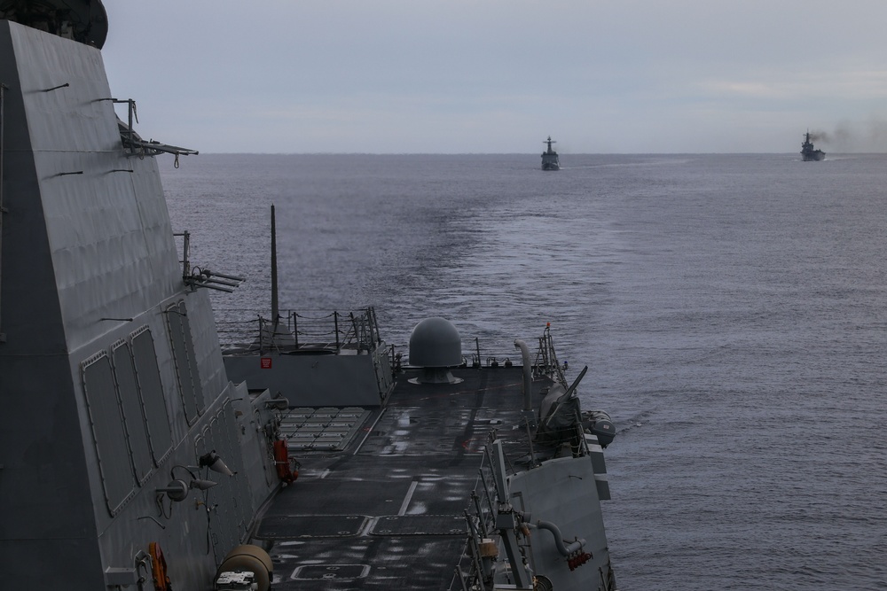 The USS John Finn sails in formation with the JS Osumi and the BRP Jose Rizal during Maritime Cooperative Activity in the South China Sea