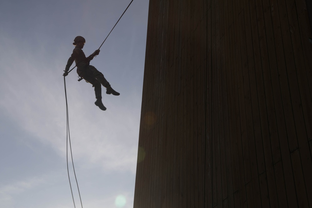 Soldier rappels down tower