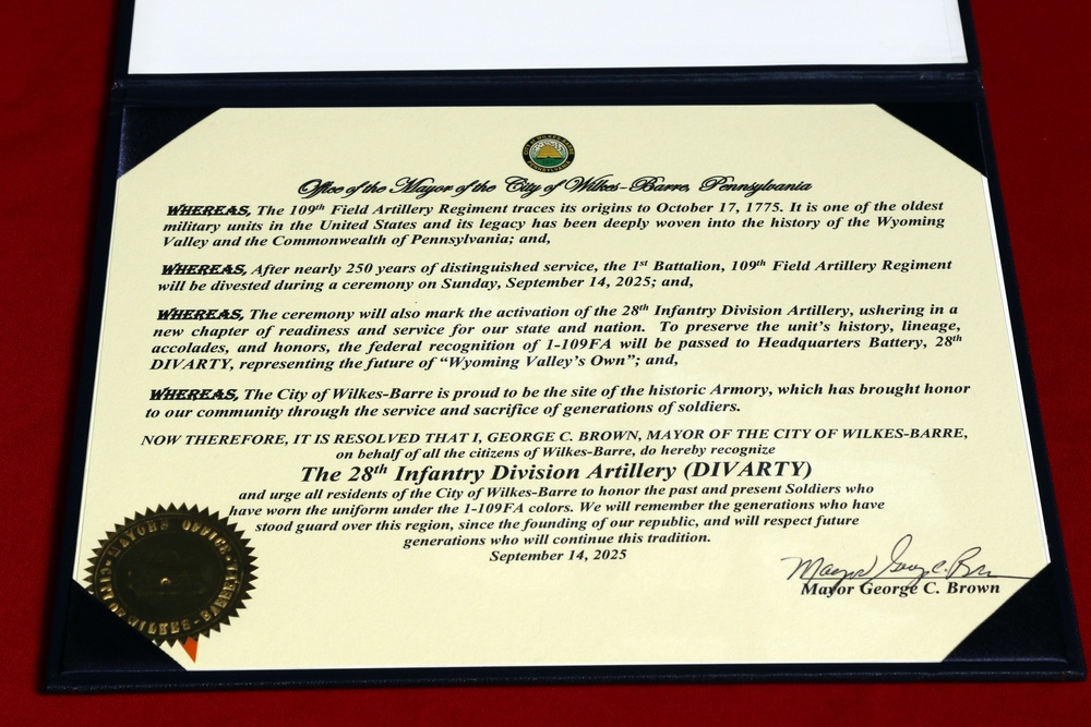 1-109th Field Artillery deactivation and 28th Division Artillery activation