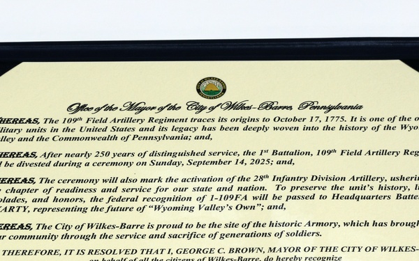 1-109th Field Artillery deactivation and 28th Division Artillery activation