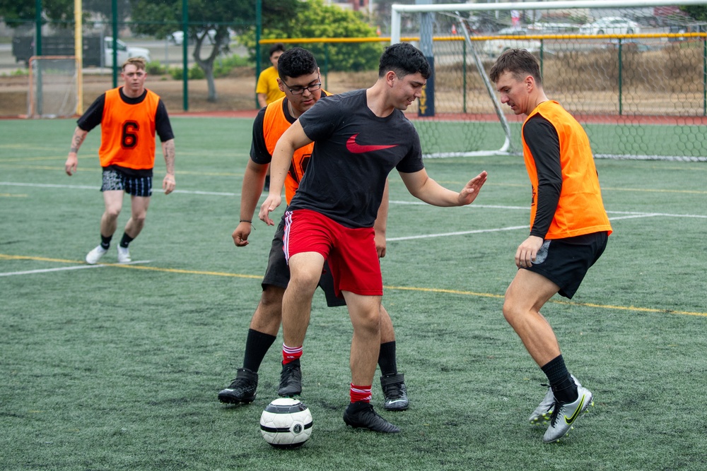 USS Essex Sailors team up and compete in a soccer tournament hosted by Morale, Welfare and Recreation.