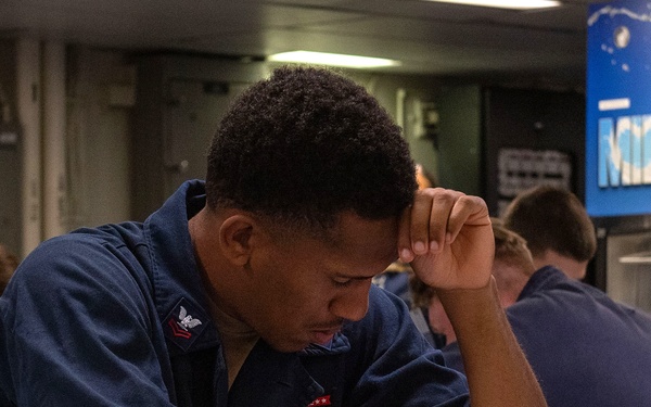 USS Essex Sailors take the E6 Navy wide advancement exam.