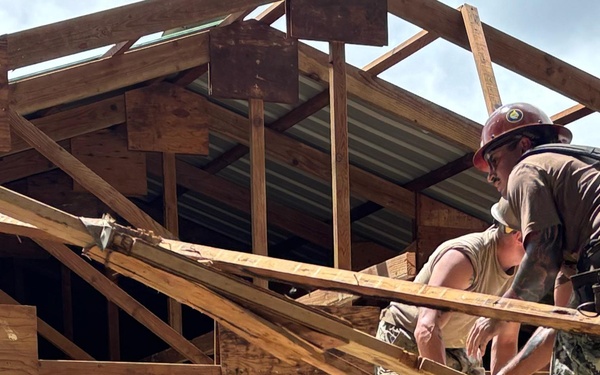 Seabees build roof for Kolonia Elementary School  in Pohnpei, Federated States of Micronesia, during Pacific Partnership 2025.