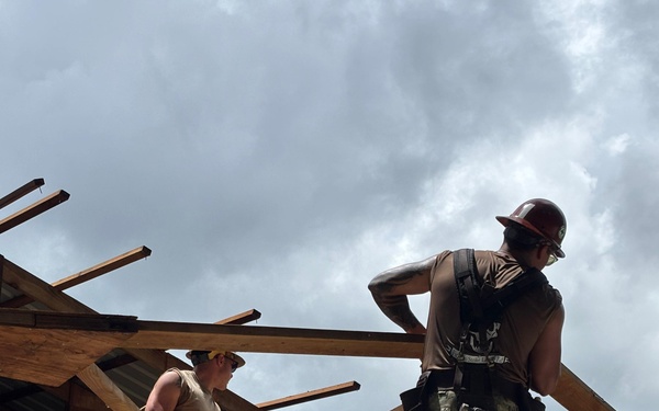 Seabees build roof for Kolonia Elementary School  in Pohnpei, Federated States of Micronesia, during Pacific Partnership 2025.
