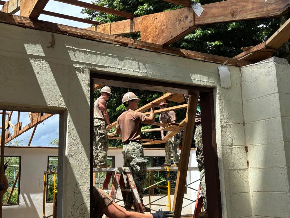 Seabees build roof for Kolonia Elementary School  in Pohnpei, Federated States of Micronesia, during Pacific Partnership 2025.