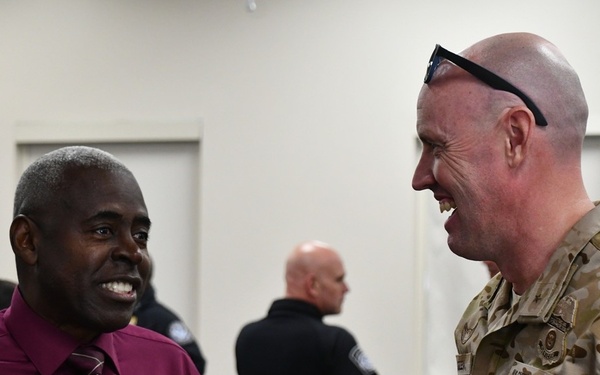 Fort A.P. Hill Director of Transformation Henry McNair shares a conversation with SRT Commander Kevin Green at the SRT ribbon cutting ceremony