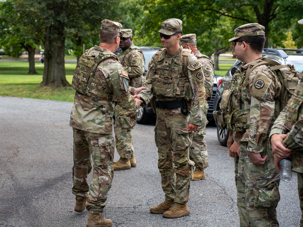 U.S. Army Maj. Gen. Thomas Friloux visits with Soldiers while they provide a presence patrol at the National Mall