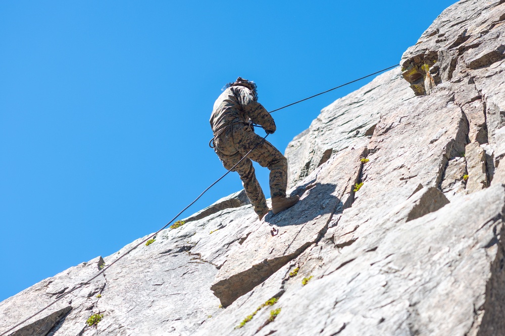 1st Bn., 5th Marines rappel from a mountain during MTX 4-25
