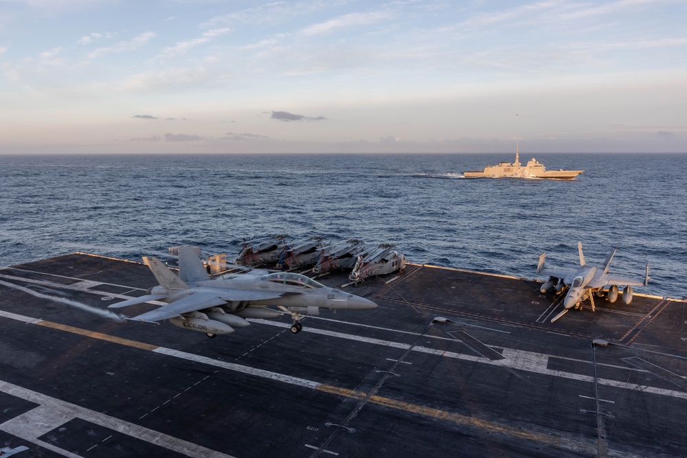 USS Gerald R. Ford (CVN 78) Operates with FS Aquitaine (D-650)