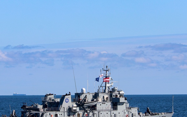 USS Bulkeley (DDG 84) conducts maneuvers alongside the LNVS Virsaitis (A53) during exercise Northern Coasts 2025