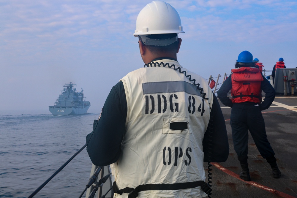 USS Bulkeley (DDG 84) Sailors conduct a replenishment-at-sea during exercise  Northern Coasts 2025