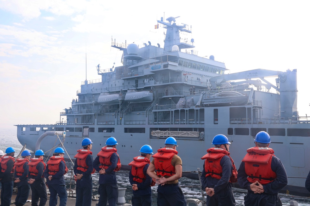 USS Bulkeley (DDG 84) Sailors conduct a replenishment-at-sea during exercise Northern Coasts 2025