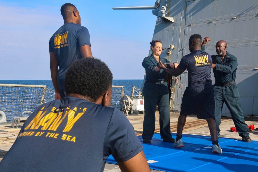 USS Bulkeley (DDG 84) Sailors conduct non-lethal weapons training and baton retention techniques during exercise Northern Coasts 2025