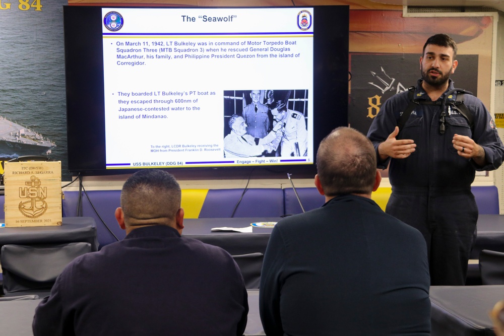 ITC (Select) Richard Segarra presents historical information on the Bulkeley’s namesake Vice Adm. John D. Bulkeley