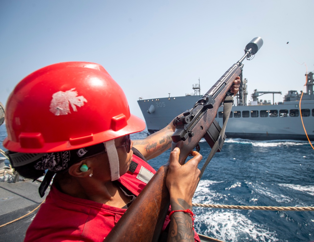 USS Higbee Sailors Conduct Replenishment-at-Sea with USNS John Lewis
