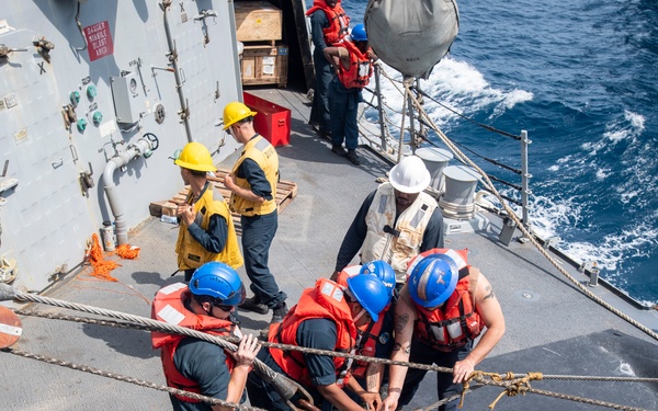 USS Higbee Sailors Conduct Replenishment-at-Sea with USNS John Lewis