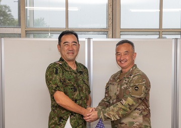 Lt. Gen. Makoto Sato, commanding general of the Japan Ground Self-Defense Force Middle Army 3rd Division, visited Brig. Gen. James K. Dooghan, commanding general of U.S. Army Japan, during Orient Shield 25 at Sekiyama Training Area, Sept. 18.