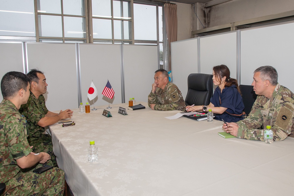 Lt. Gen. Makoto Sato, commanding general of the Japan Ground Self-Defense Force Middle Army 3rd Division, visited Brig. Gen. James K. Dooghan, commanding general of U.S. Army Japan, during Orient Shield 25 at Sekiyama Training Area, Sept. 18.