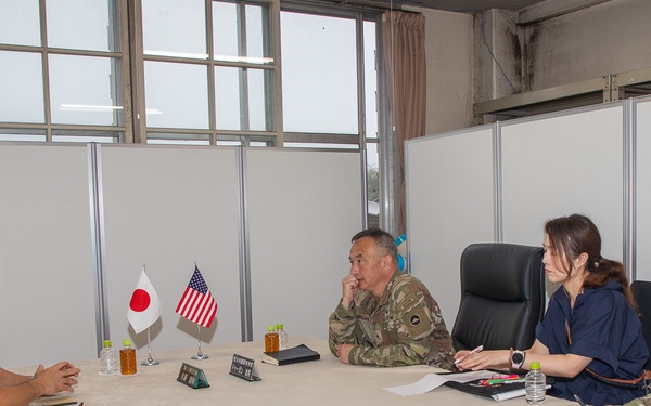 Lt. Gen. Makoto Sato, commanding general of the Japan Ground Self-Defense Force Middle Army 3rd Division, visited Brig. Gen. James K. Dooghan, commanding general of U.S. Army Japan, during Orient Shield 25 at Sekiyama Training Area, Sept. 18.