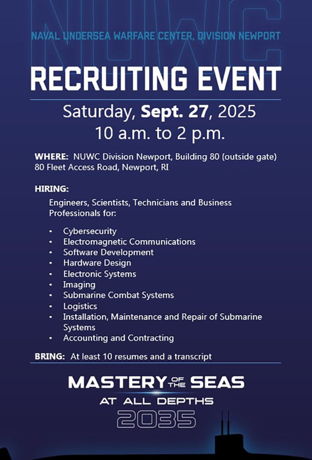 NUWC Division Newport will host in-person recruiting event on Sept. 27