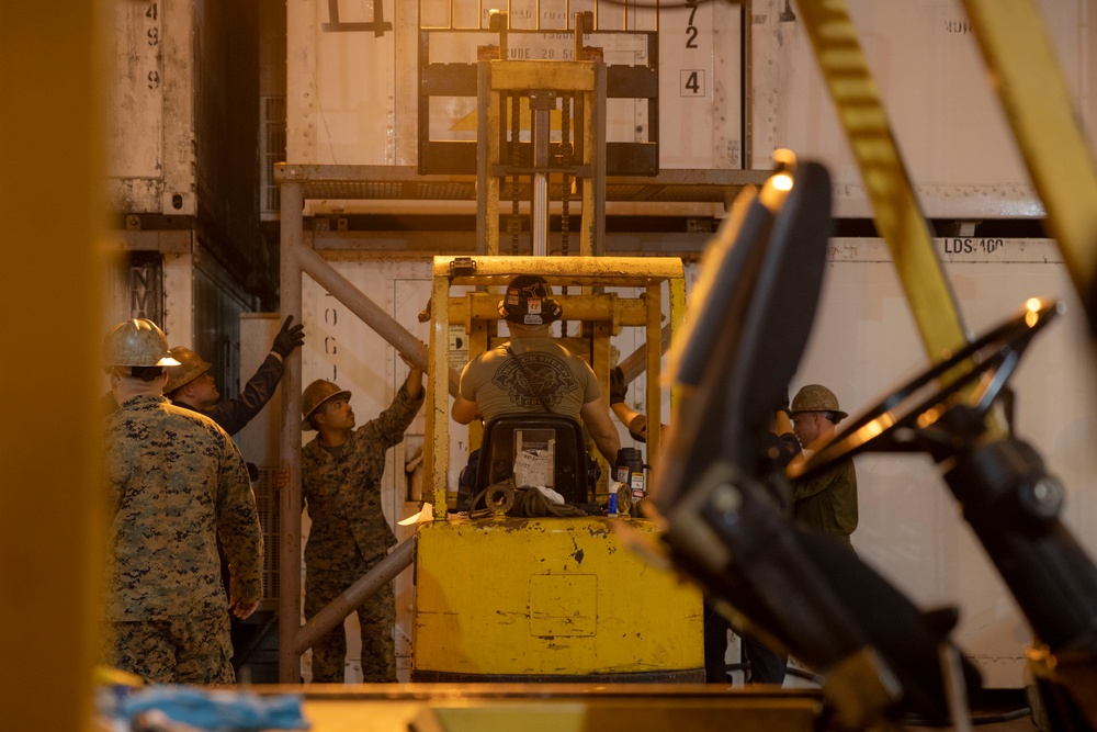U.S. Marines with 2nd MAW prepare for Exercise Carolina Dragon 25 aboard the SS Wright (T-AVB-3)