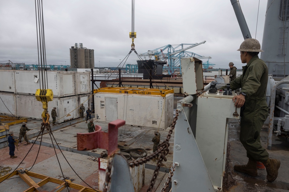 U.S. Marines with 2nd MAW prepare for Exercise Carolina Dragon 25 aboard the SS Wright (T-AVB-3)