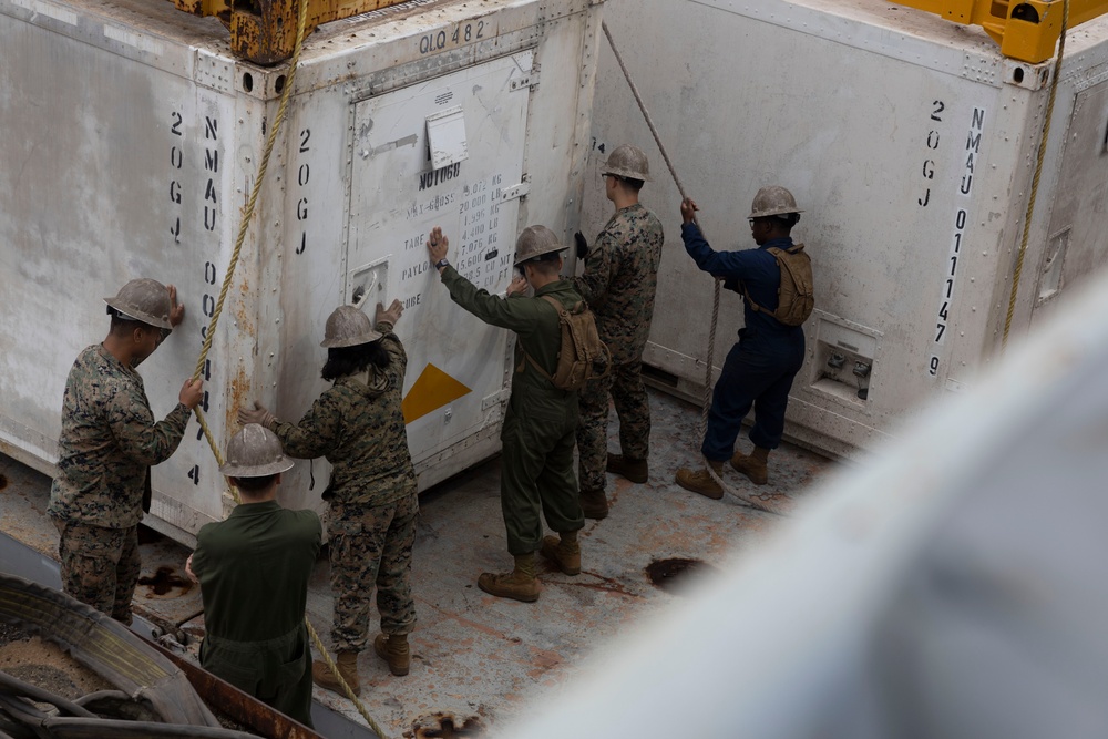 U.S. Marines with 2nd MAW prepare for Exercise Carolina Dragon 25 aboard the SS Wright (T-AVB-3)