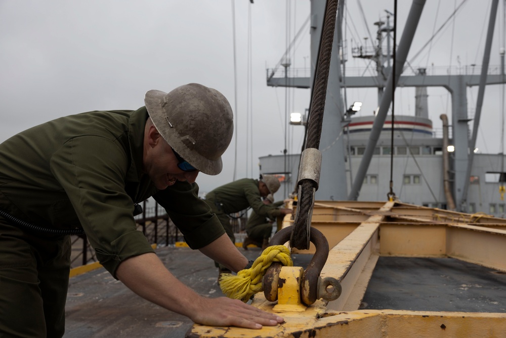 U.S. Marines with 2nd MAW prepare for Exercise Carolina Dragon 25 aboard the SS Wright (T-AVB-3)