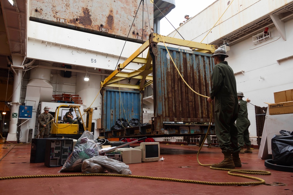 U.S. Marines with 2nd MAW prepare for Exercise Carolina Dragon 25 aboard the SS Wright (T-AVB-3)