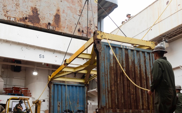 U.S. Marines with 2nd MAW prepare for Exercise Carolina Dragon 25 aboard the SS Wright (T-AVB-3)