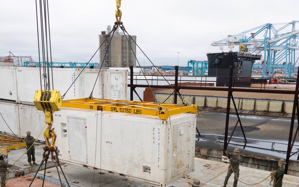 U.S. Marines with 2nd MAW prepare for Exercise Carolina Dragon 25 aboard the SS Wright (T-AVB-3)