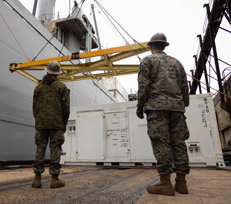 U.S. Marines with 2nd MAW prepare for Exercise Carolina Dragon 25 aboard the SS Wright (T-AVB-3)
