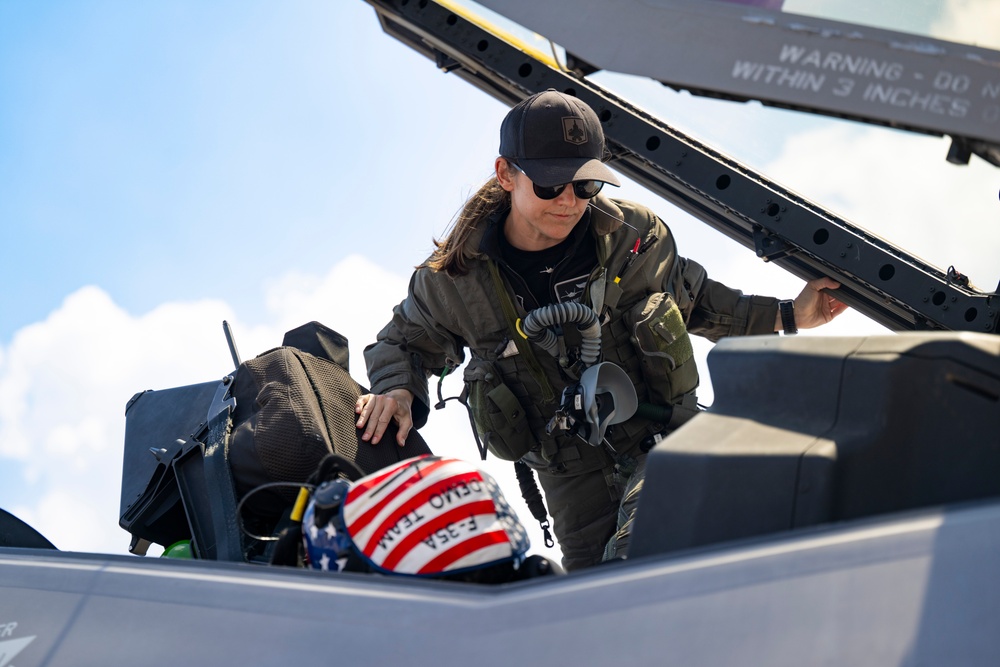 The F-35A Demonstration Team participate in the 2025 Battle Creek Field of Flight Air Show