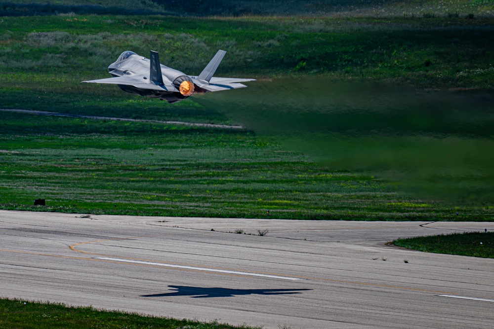 The F-35A Demonstration Team participate in the 2025 Battle Creek Field of Flight Air Show